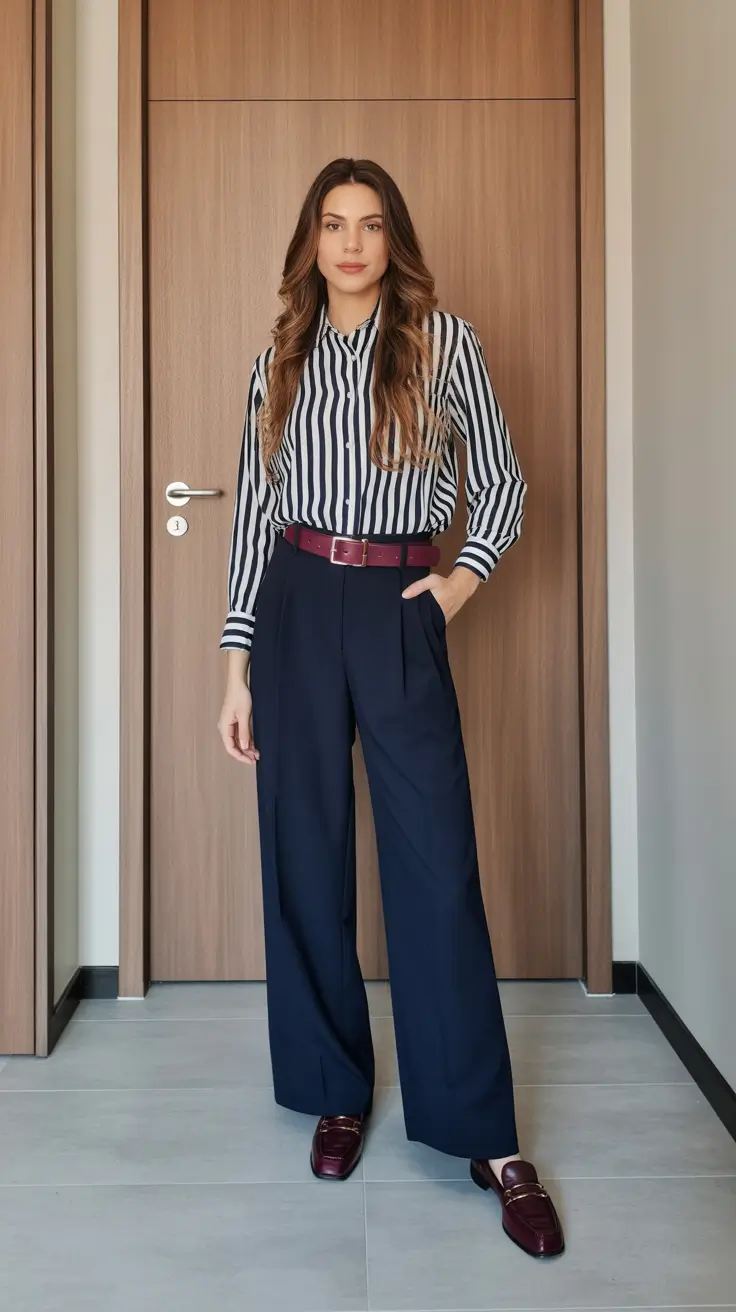 trendy spring work outfits 2026 Striped Button-Down With Wide-Leg Navy Trousers