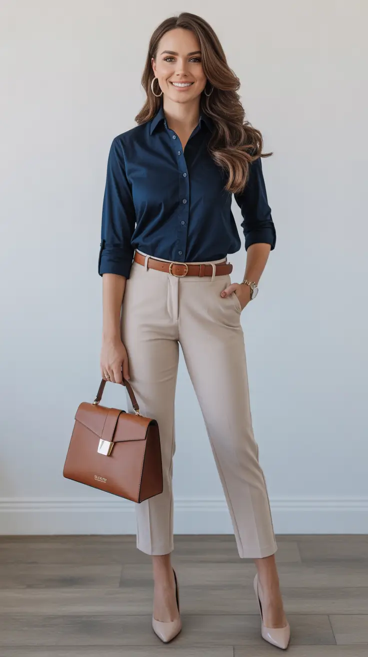 trendy spring work outfits 2026 Navy Shirt And Beige Pants For Easy Business Casual