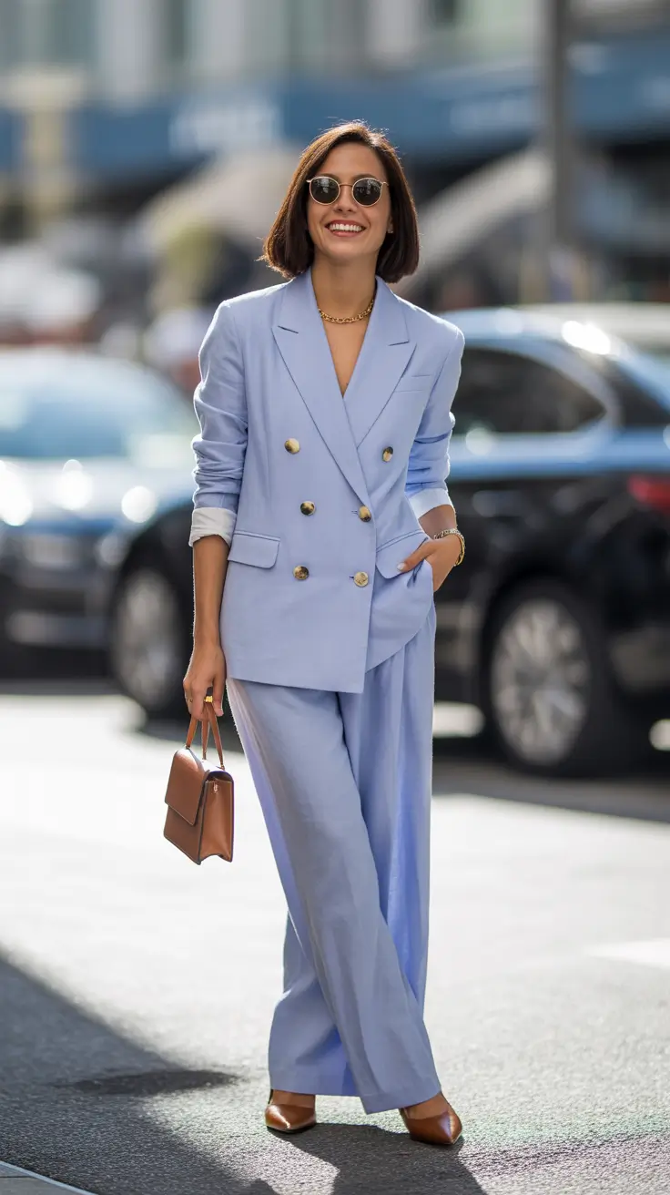 trendy spring work outfits 2026 Powder Blue Double-Breasted Suit For City Days