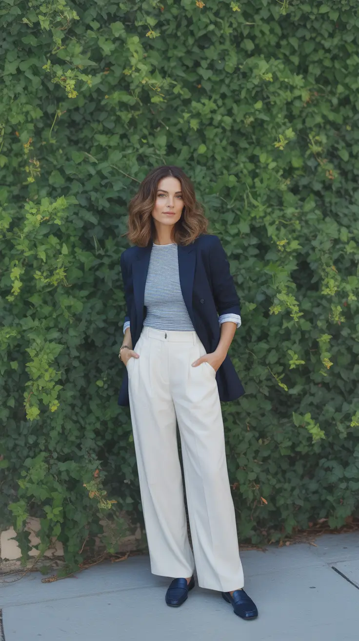 trendy spring workwear 2026 - Navy Blazer And White Wide Leg Trousers