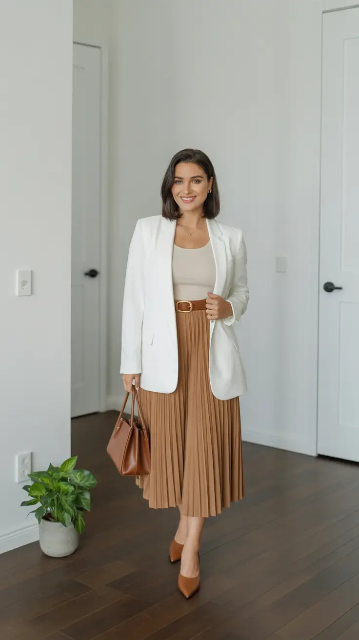 trendy spring workwear 2026 - White Blazer And Pleated Skirt For Spring Warmth And Ease