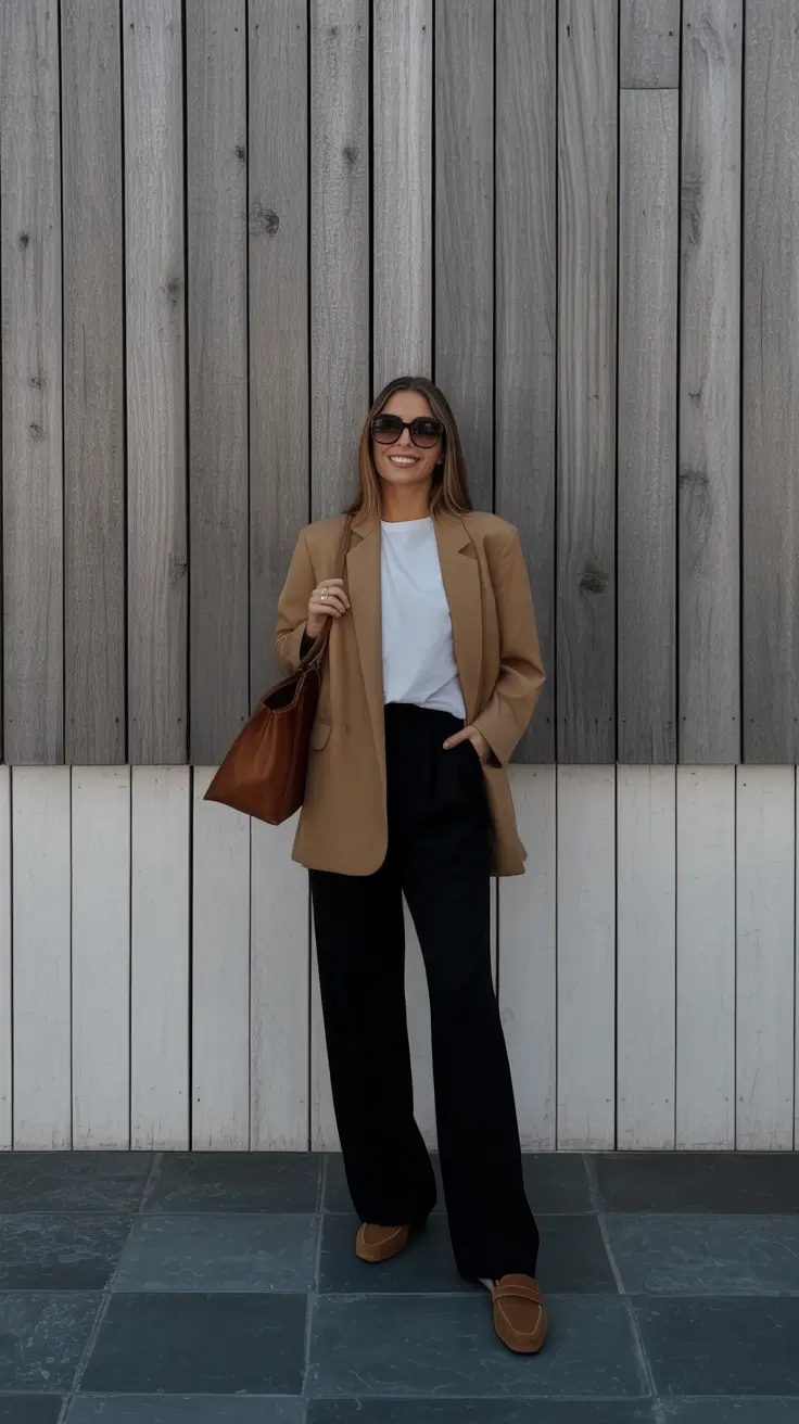 trendy spring workwear 2026 - Camel Blazer With Black Wide Leg Ease