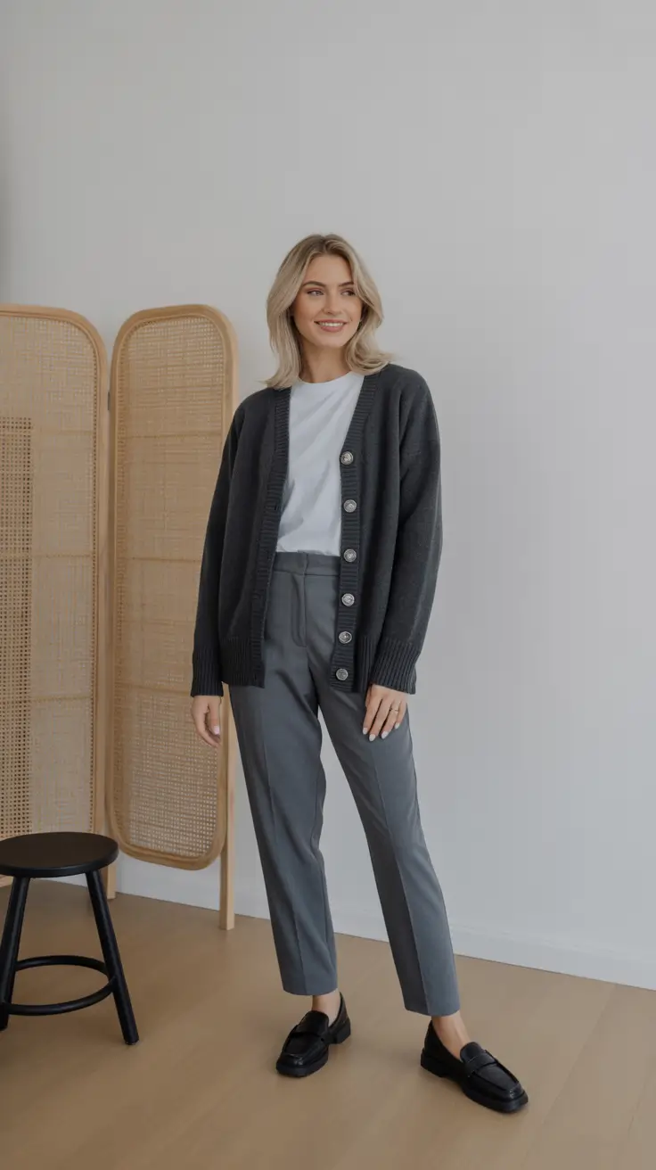 trendy spring workwear 2026 - Cozy Cardigan With Gray Tailored Trousers