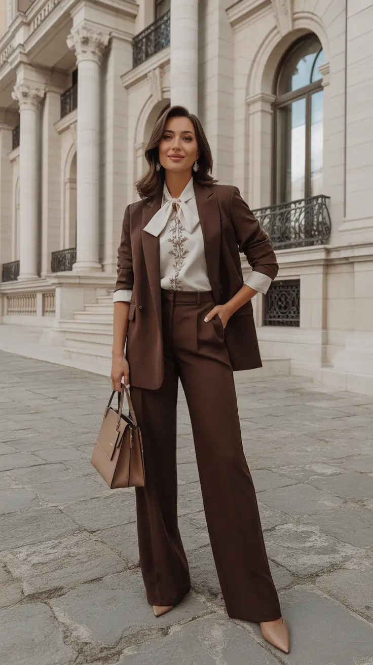 trendy spring workwear 2026 - Chocolate Suit With Bow Blouse And Heeled Pumps