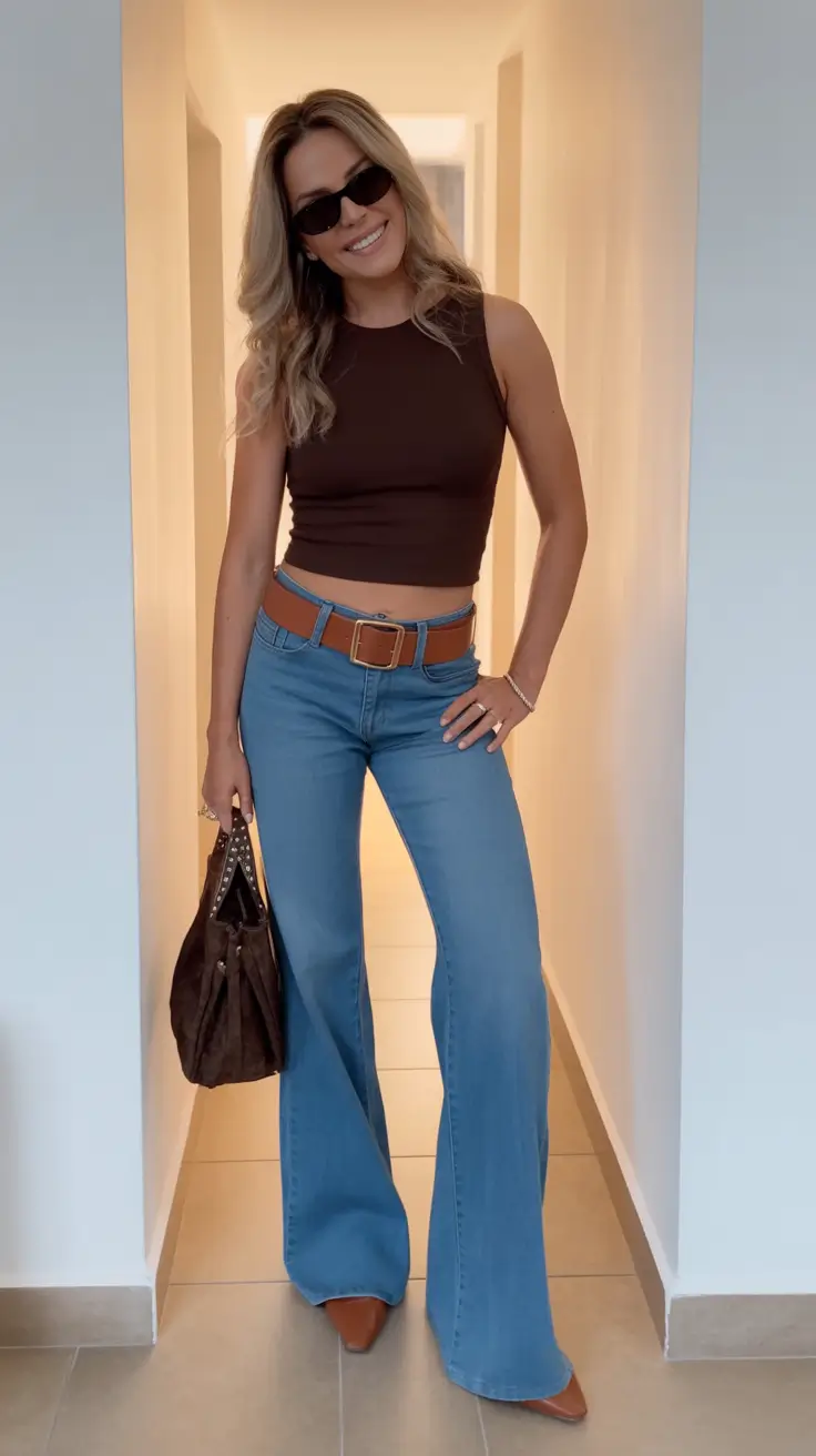 cute spring y2k outfits 2026 Brown Tank And Flared Jeans Comeback