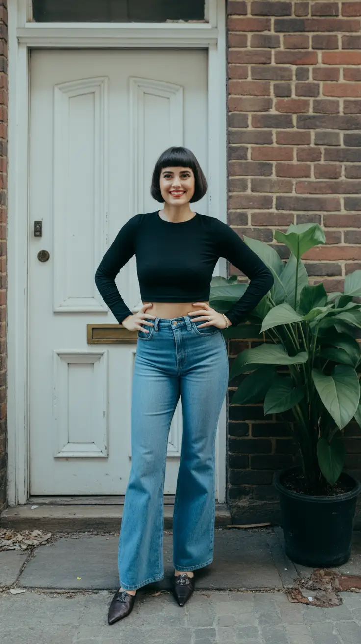 cute spring y2k outfits 2026+Black Baby Tee With Light-Wash Flares And Sharp-Toe Attitude