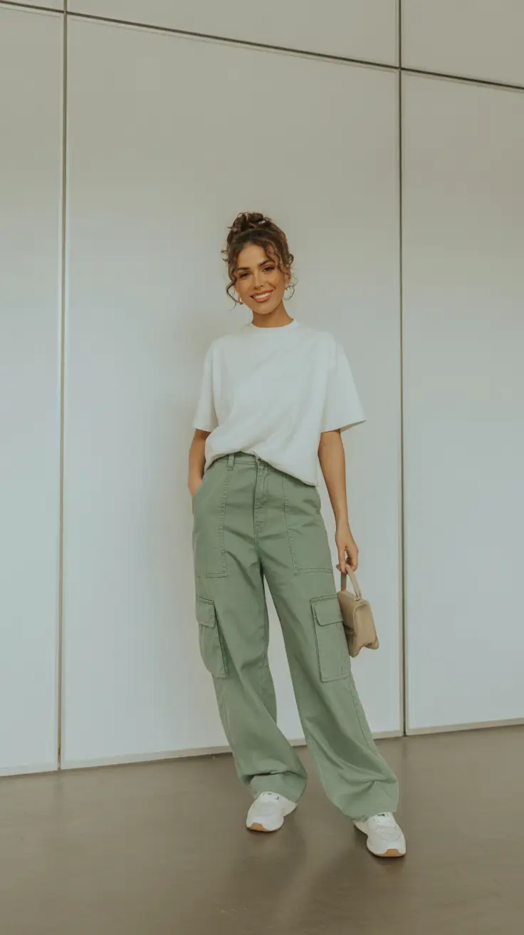 cute spring y2k outfits 2026+White Tee And Sage Cargo Pants For Soft Y2K Street Cool
