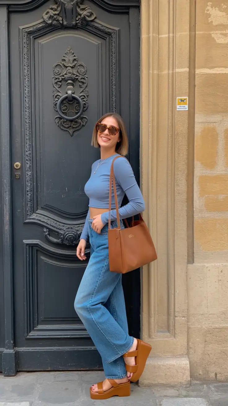 cute spring y2k outfits 2026 Blue Crop Top With Wide-Leg Denim And Tan Platforms