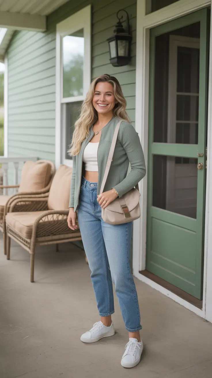 cute spring y2k outfits 2026 Sage Cardigan Layer With Cropped Tee And Classic Denim