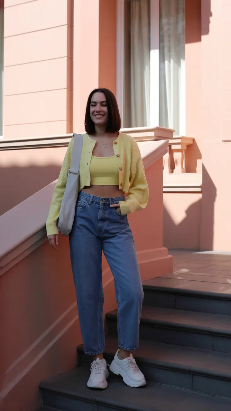 cute spring y2k outfits 2026 Butter Yellow Cardigan Set With Relaxed Denim