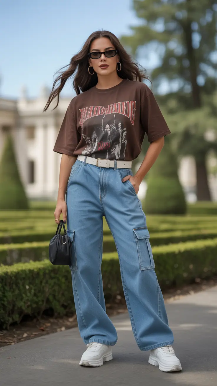 cute spring y2k outfits 2026 Graphic Tee And Wide-Leg Cargo Denim Cool