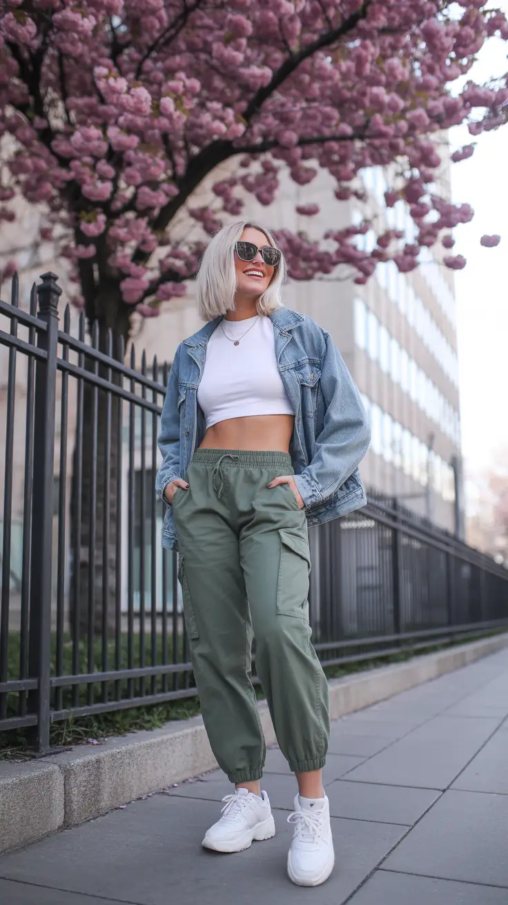 cute spring y2k outfits 2026 Denim Jacket And Soft Utility Joggers