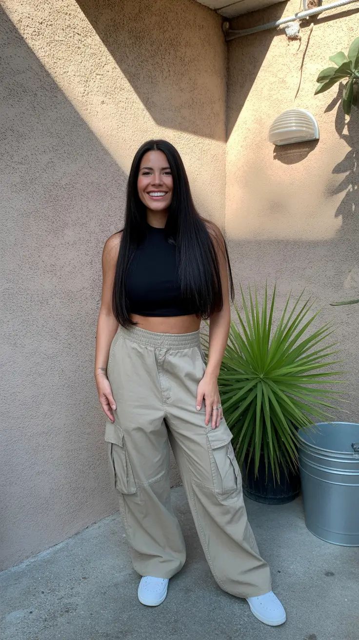 cute spring y2k outfits 2026 Clean Black Crop And Sand Cargo Pants