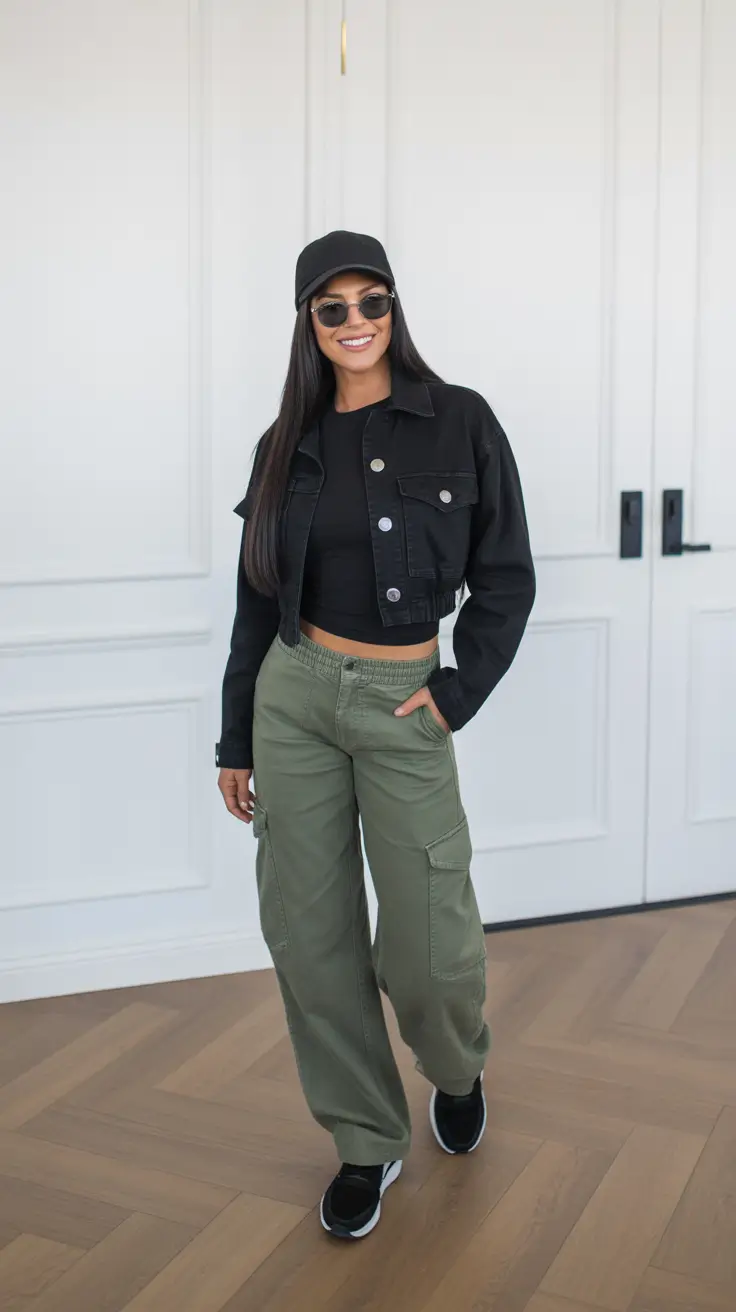 effortless comfy spring outfits 2026 Sporty Black Layers With Cargo Pants And A Cap
