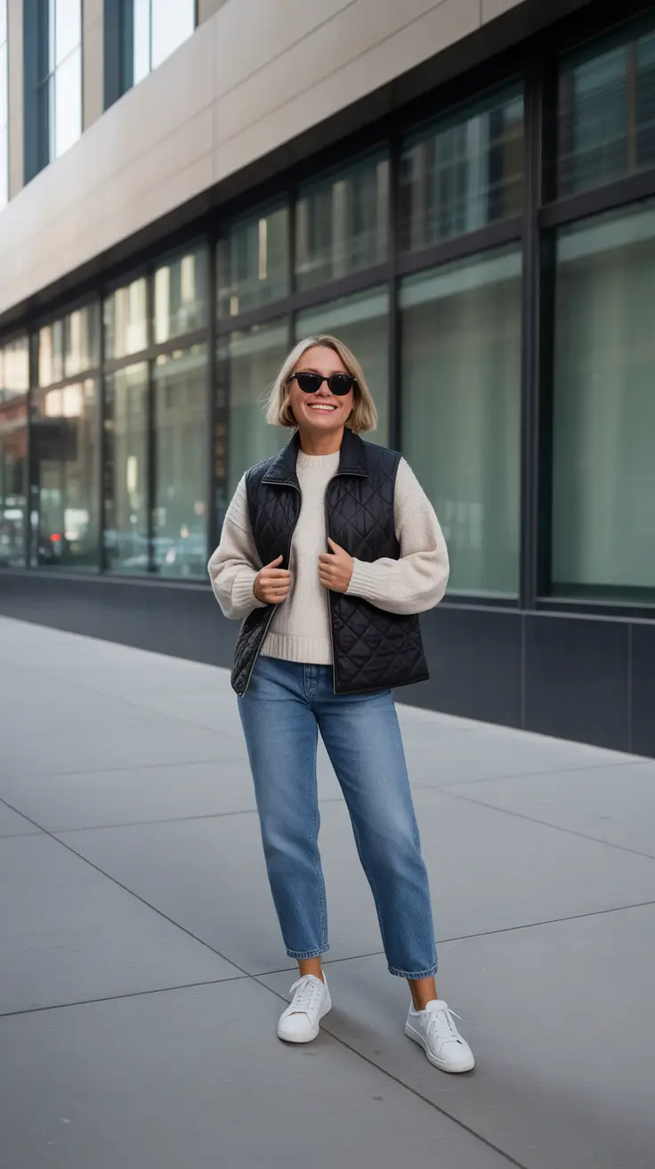 effortless comfy spring outfits 2026 Quilted Vest And Cream Knit For Crisp Mornings