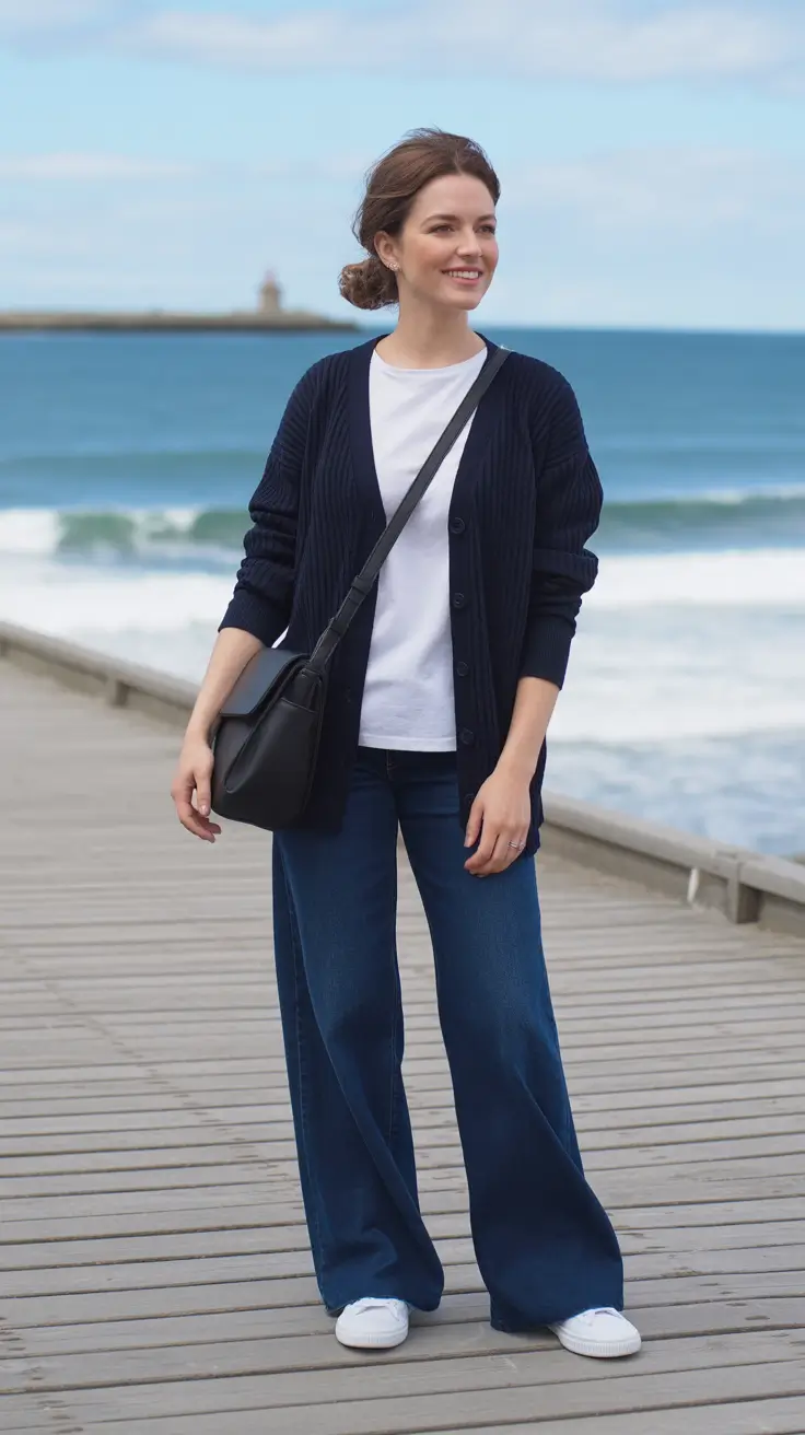 effortless comfy spring outfits 2026 Navy Cardigan And Wide-Leg Denim For Breezy Coastal Days