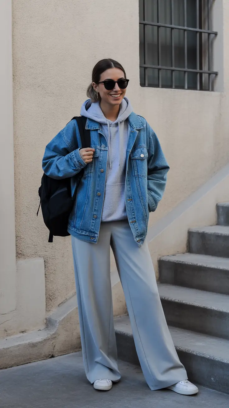effortless comfy spring outfits 2026 + Hoodie Layering With Tailored Wide-Leg Pants