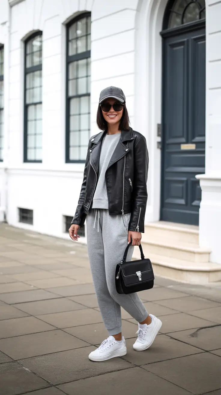 effortless comfy spring outfits 2026 + Leather Jacket Over A Sweat Set For Clean Street Style
