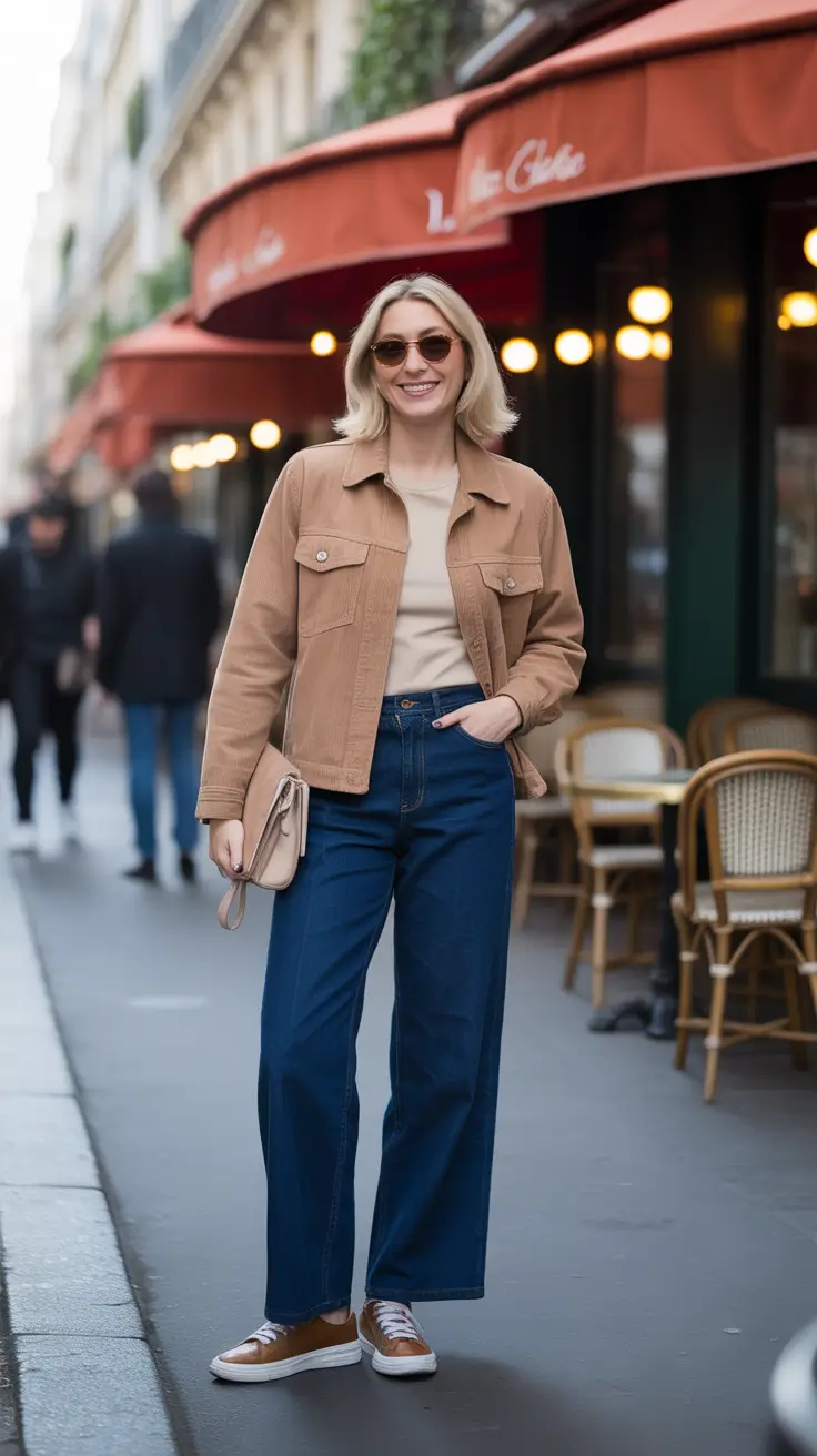 effortless comfy spring outfits 2026 Neutral Jacket And Wide-Leg Denim For City Days