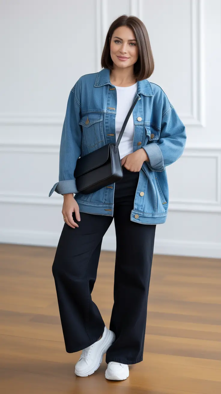 effortless comfy spring outfits 2026 + Denim Jacket With Black Wide-Leg Pants For Sleek Comfort