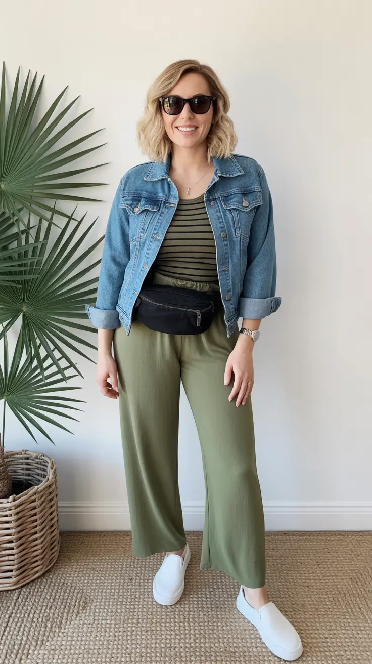 effortless comfy spring outfits 2026 Denim Jacket And Soft Olive Pants With A Sporty Twist