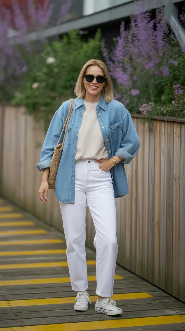 effortless comfy spring outfits 2026 + Denim Shirt Jacket And White Jeans For Fresh Spring Contrast