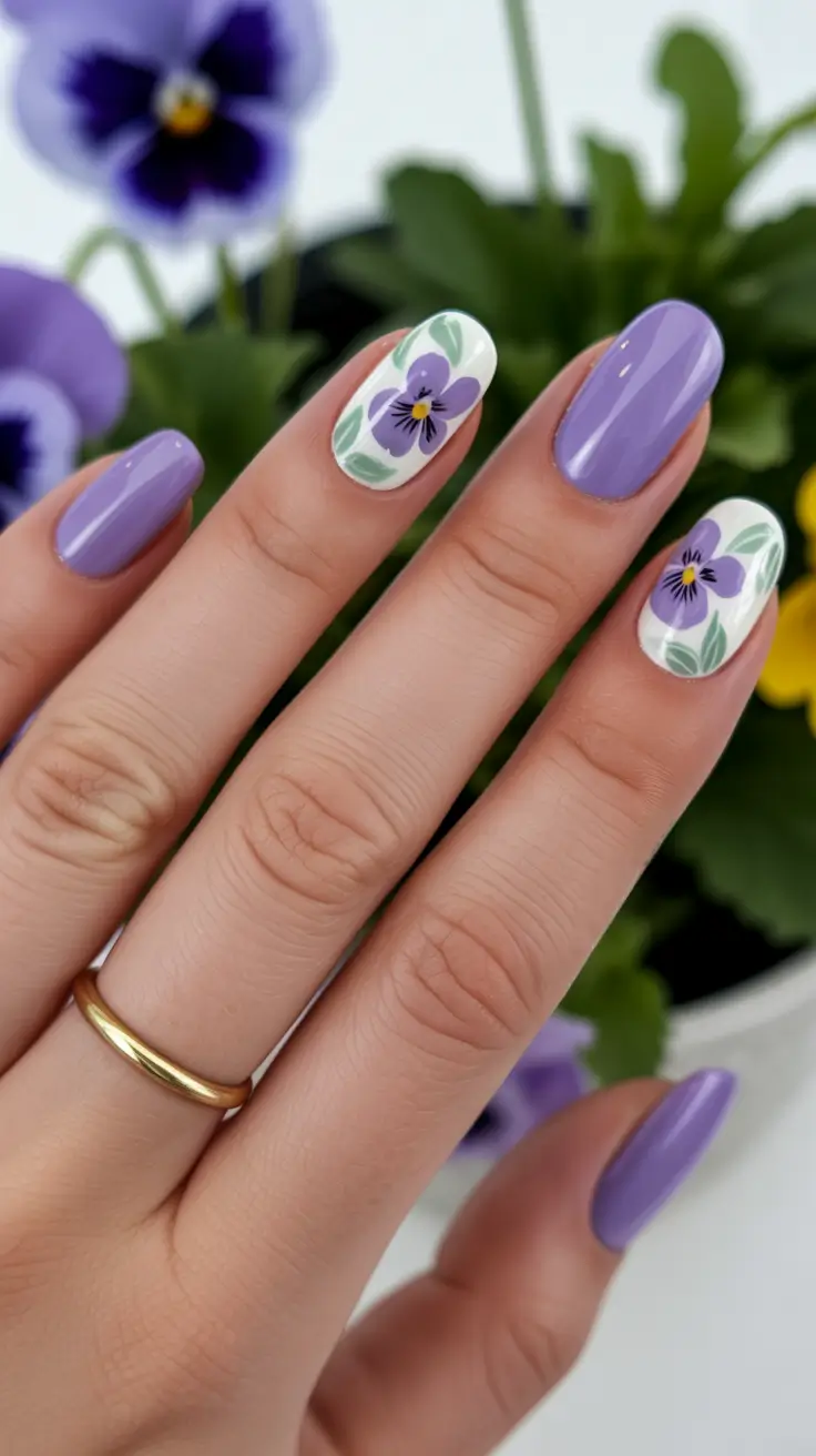 festive cool spring nails 2026 ideas + Lavender Pansy Garden With Glossy Calm