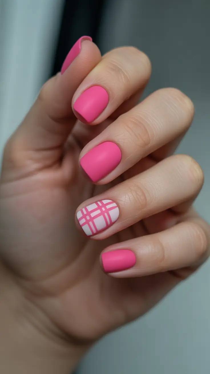 festive cool spring nails 2026 ideas + Matte Hot Pink With A Clean Plaid Accent
