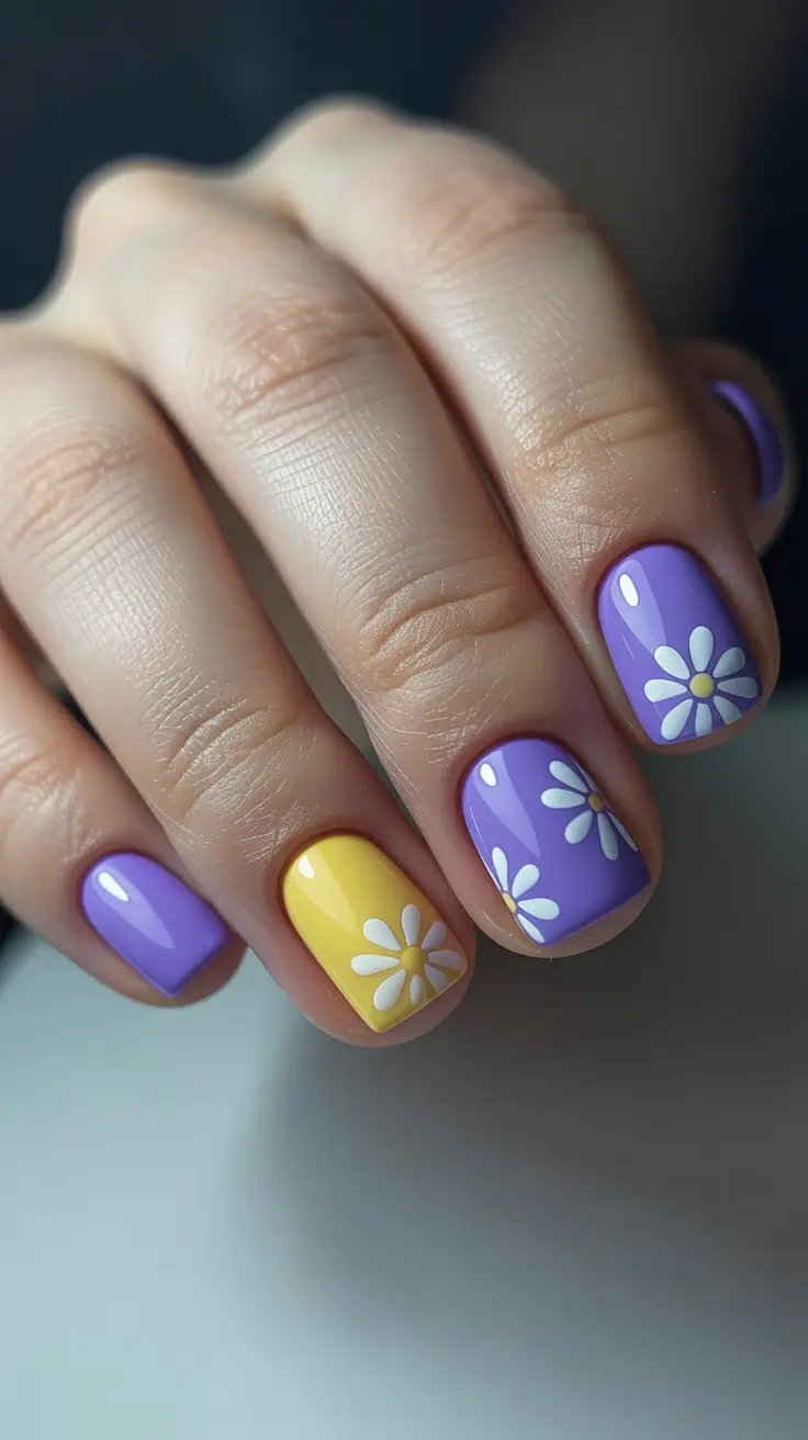 festive cool spring nails 2026 ideas + Short Purple And Yellow Daisies With A Playful Mix