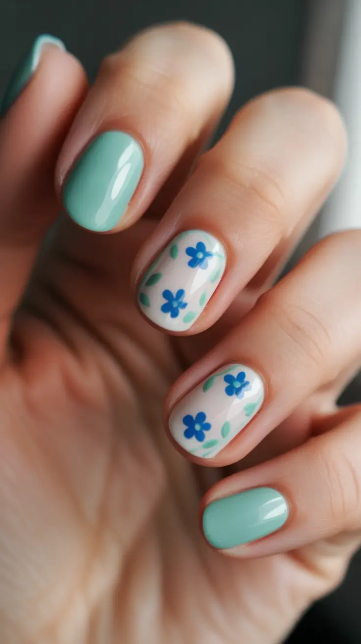 festive cool spring nails 2026 ideas + Mint Green And Blue Florals On A Milky Base