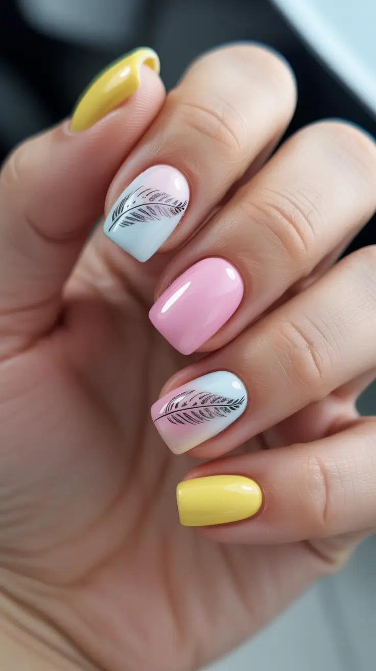 festive cool spring nails 2026 ideas + Pastel Patchwork With Feather-Detail Accents