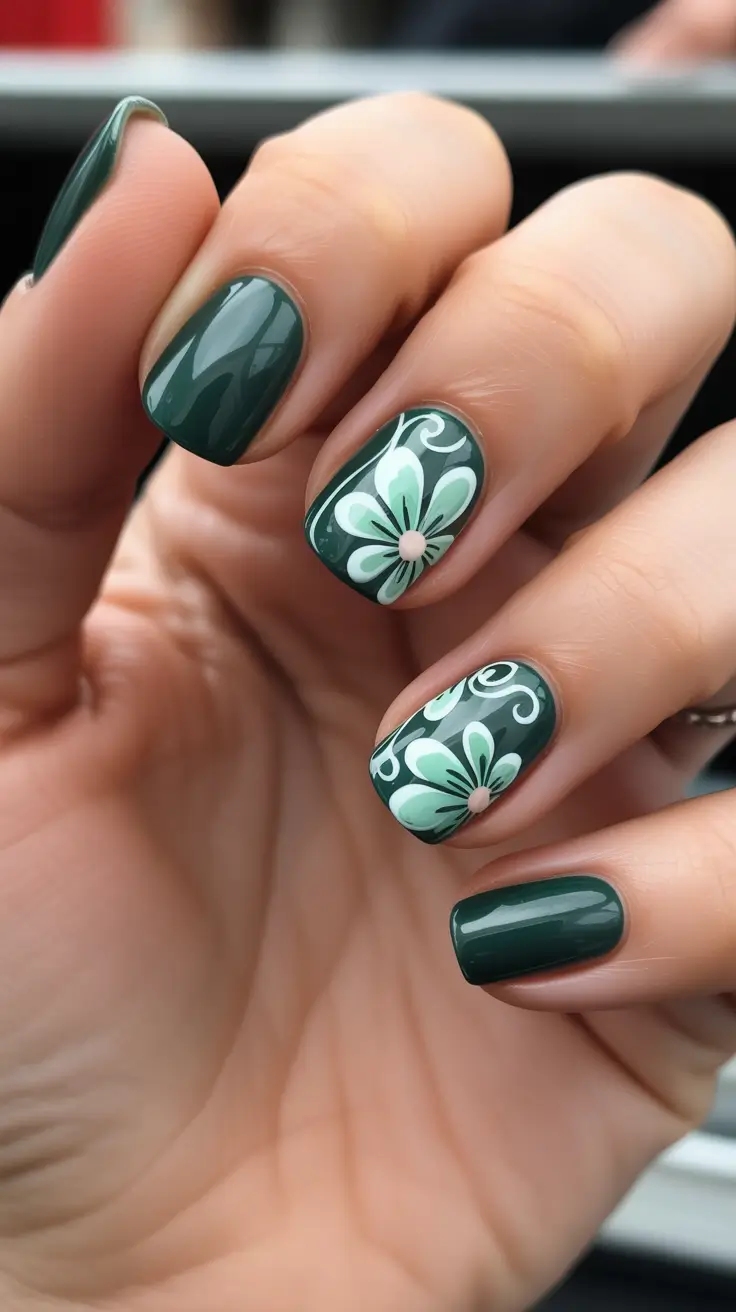 festive cool spring nails 2026 ideas + Deep Green Blooms With A Clean Edge