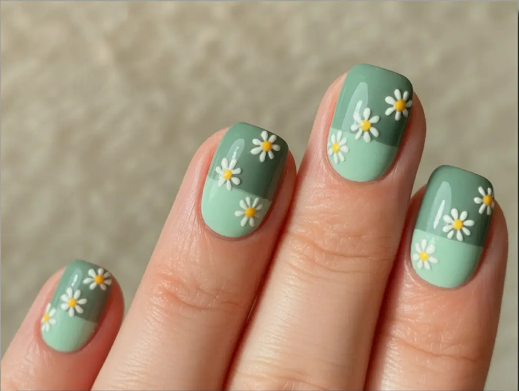 festive cool spring nails 2026 ideas + Sage Daisy Color-Block Charm