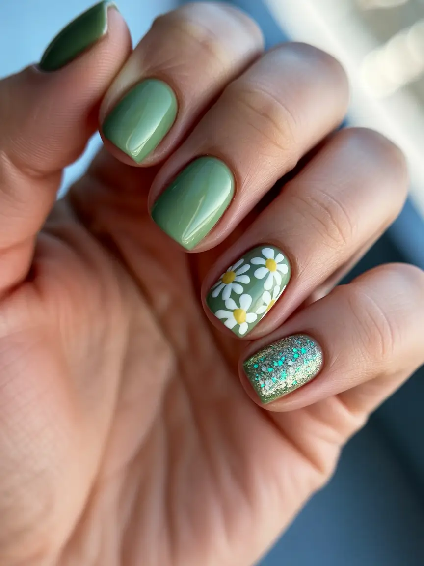 festive cool spring nails 2026 ideas + Glossy Meadow Green With A Sparkle Twist
