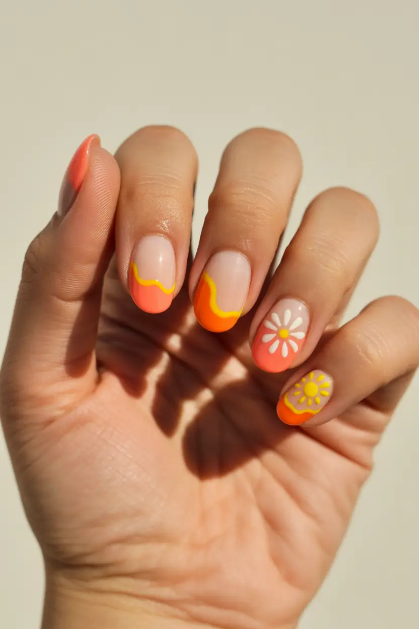 elegant fun spring nails 2026 + Sunset French With Daisy Pop