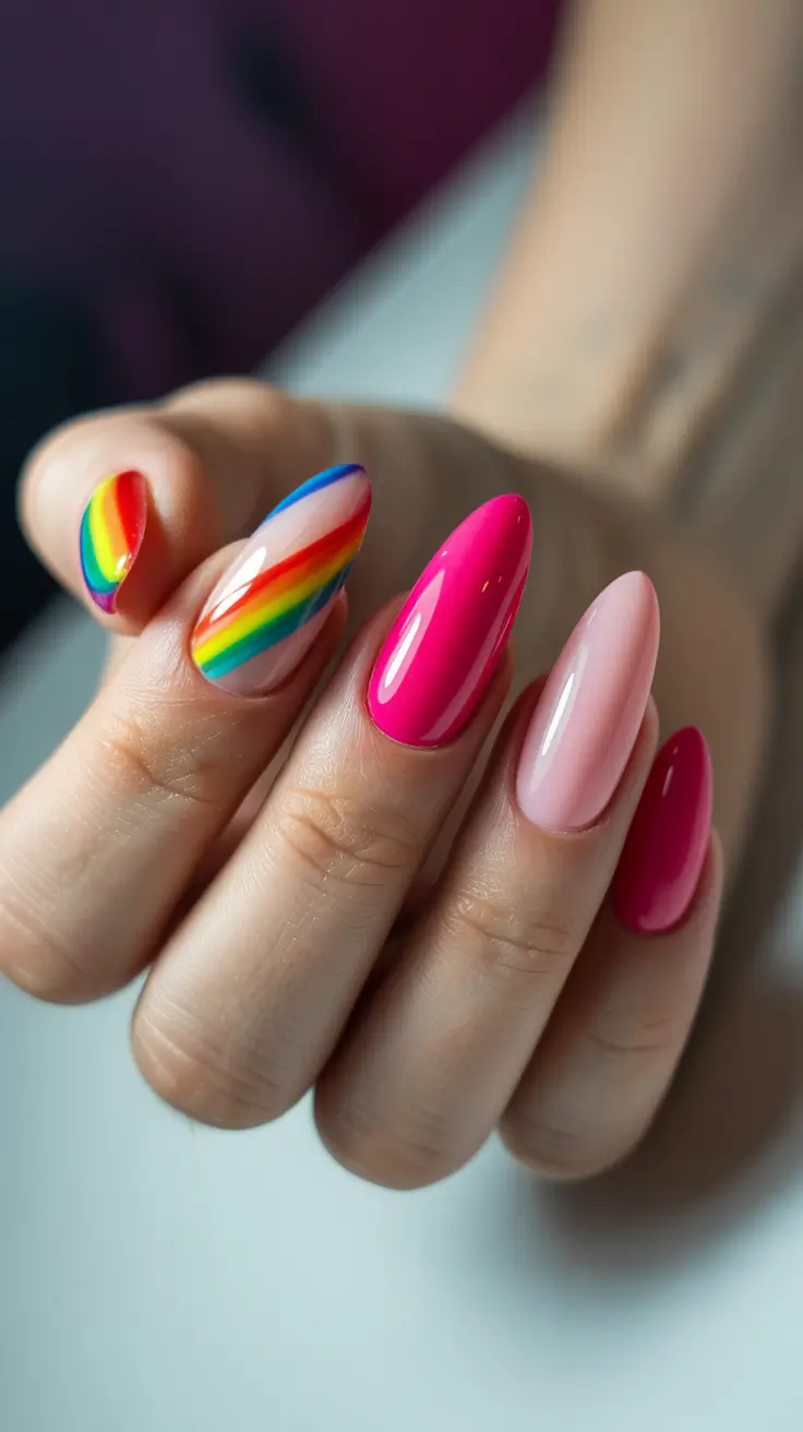elegant fun spring nails 2026 + Rainbow Accent With Hot Pink Almond Drama