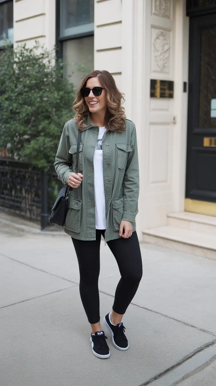 effortless leggings outfit spring 2026 Utility Jacket Layers For A Polished Errand Day