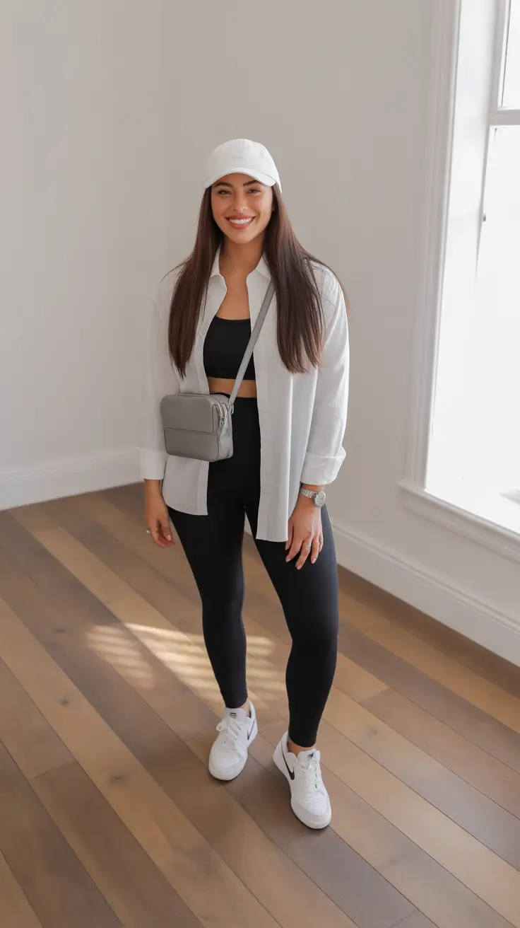 effortless leggings outfit spring 2026 White Button Down Athleisure With A Sporty Cap