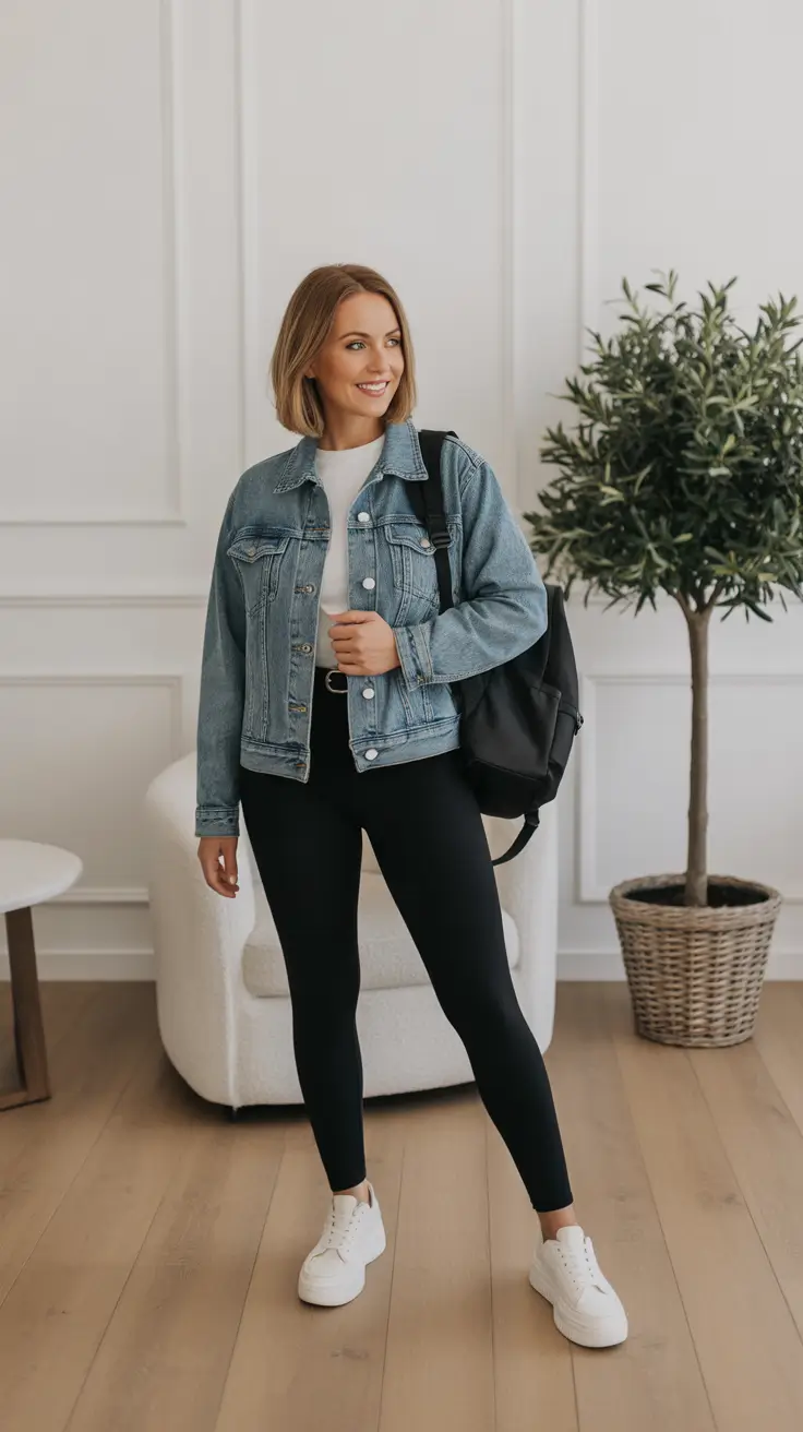 effortless leggings outfit spring 2026 + Denim Jacket Layer For Busy Spring Mornings