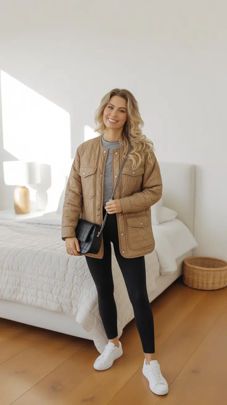 effortless leggings outfit spring 2026 + Quilted Brown Jacket For Cold Spring Days