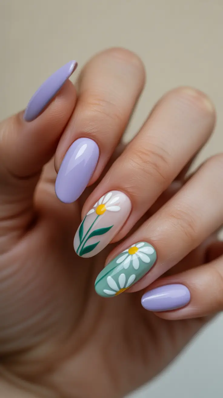 March Nails Ideas 2026 Lavender Almond With Daisy Pop