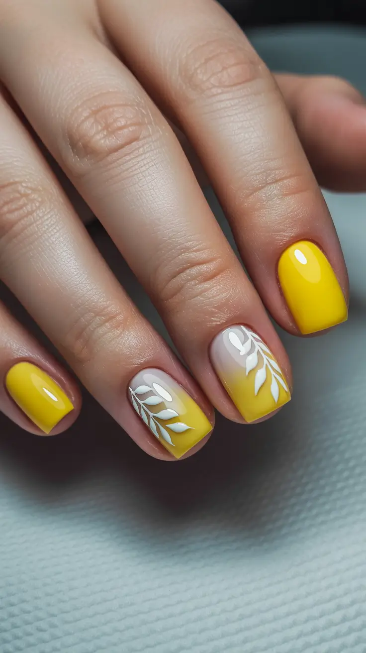 March Nails Ideas 2026 Sunny Yellow Gradient With Minimal Leaf Art