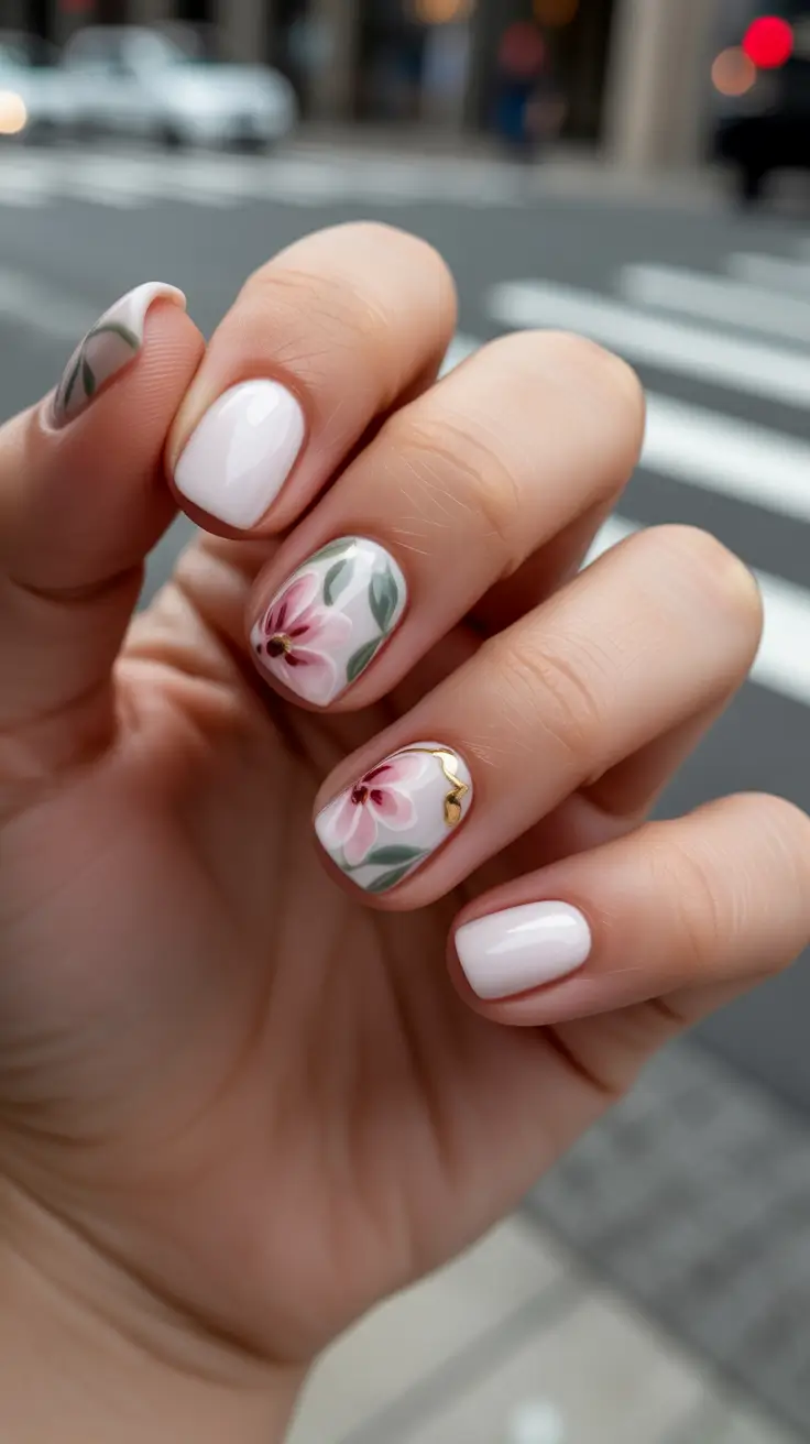 March Nails Ideas 2026 Milky White Florals With A Hint Of Gold