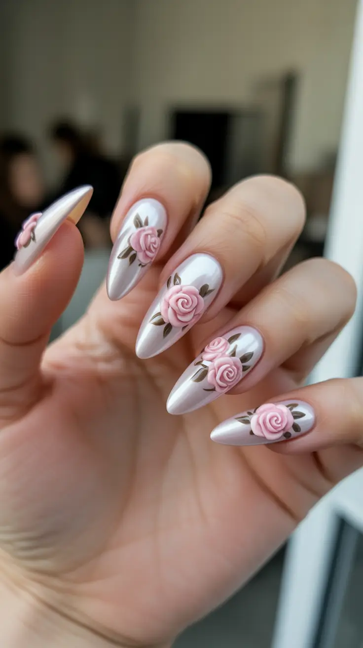 March Nails Ideas 2026 Chrome Rose Garden On Long Almond Tips