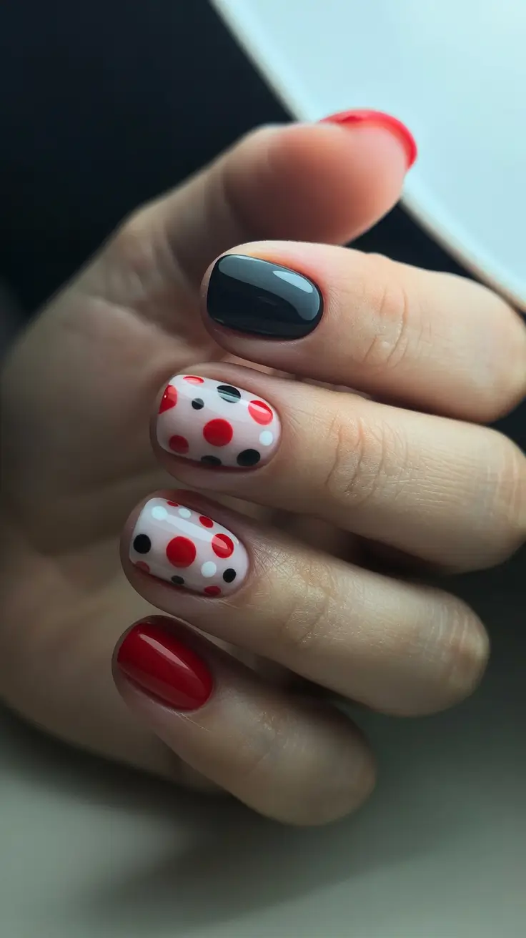 March Nails Ideas 2026 Red And Black Polka Dots With Glossy Contrast