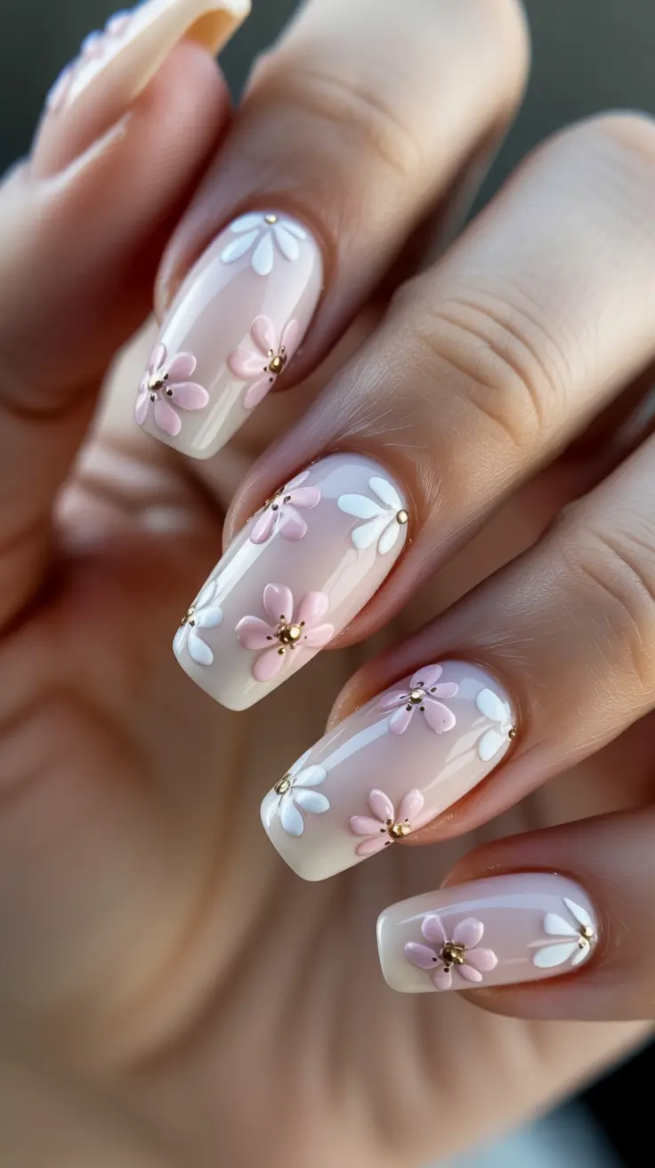 March Nails Ideas 2026 Blush 3D Petals With Glossy Square Tips