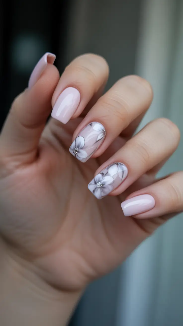 March Nails Ideas 2026 Soft Pink Minimal Florals With Silvery Outline Detail