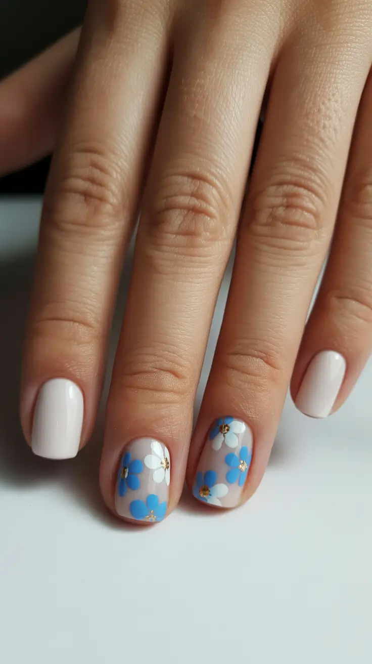 March Nails Ideas 2026 Milky White And Blue Daisy Accents On Short Square Nails