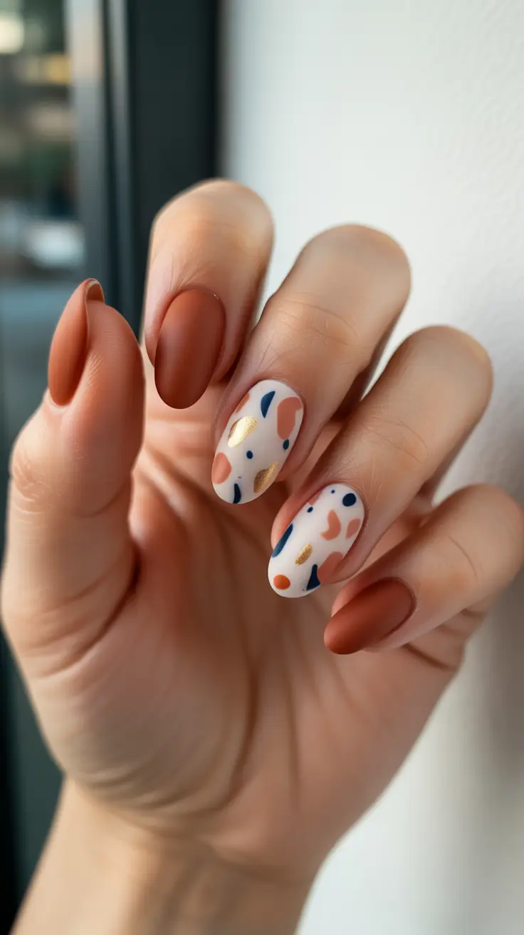 March Nails Ideas 2026 Terracotta Matte With Abstract Confetti And Gold Foil