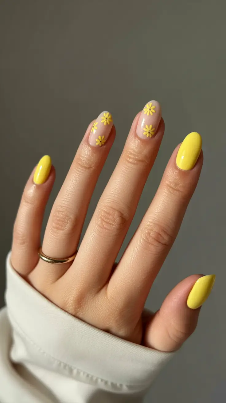 March Nails Ideas 2026 Bright Yellow Almond Nails With Tiny Daisy Clusters